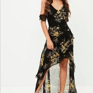 Missguided black floral print frill maxi dress